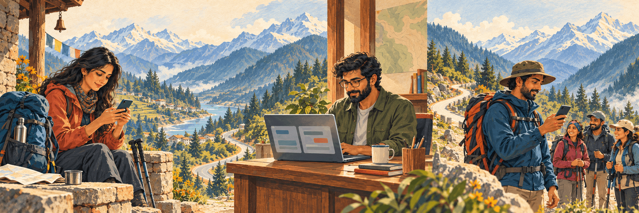 One connected journey: a traveller shares her details, an operator reviews the trip record, and a trip lead carries it into the field with the group.
